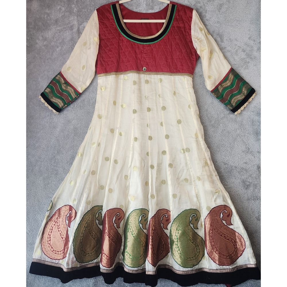 Womens Anarkali Tunic Dress XL Cream Red Paisley Quilted Gold Foil Midi